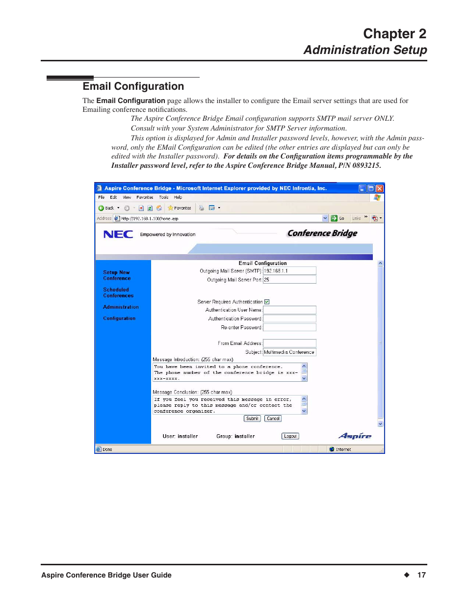 Chapter 2, Administration setup, Email configuration | NEC P/N 0893416 User Manual | Page 21 / 36