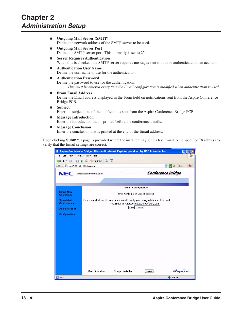 Chapter 2, Administration setup | NEC P/N 0893416 User Manual | Page 22 / 36