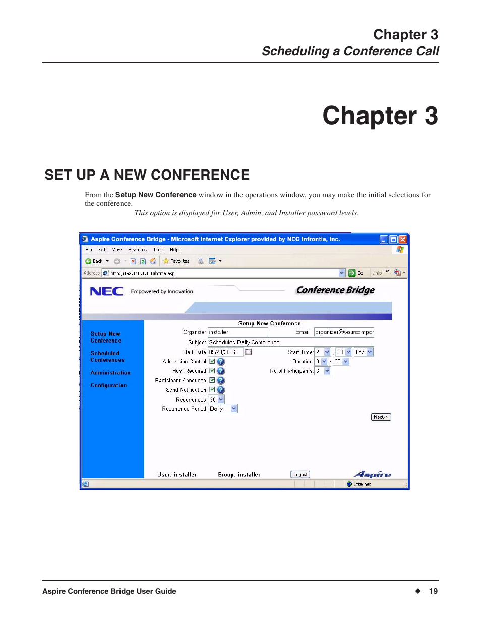 Chapter 3, Set up a new conference, Scheduling a conference call | NEC P/N 0893416 User Manual | Page 23 / 36
