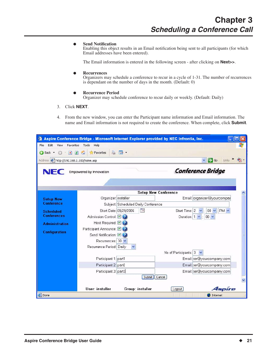Chapter 3, Scheduling a conference call | NEC P/N 0893416 User Manual | Page 25 / 36
