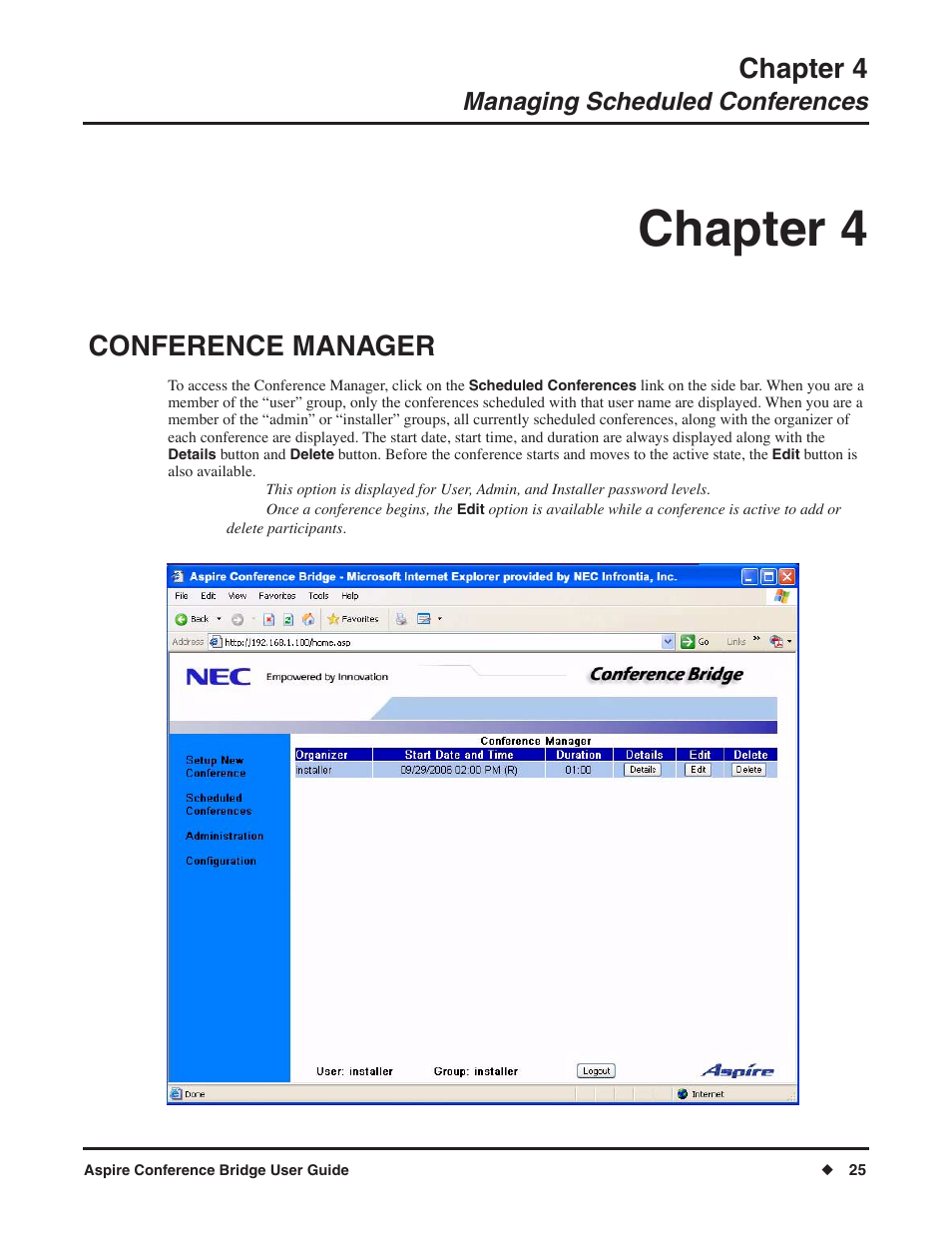 Chapter 4, Conference manager, Managing scheduled conferences | NEC P/N 0893416 User Manual | Page 29 / 36