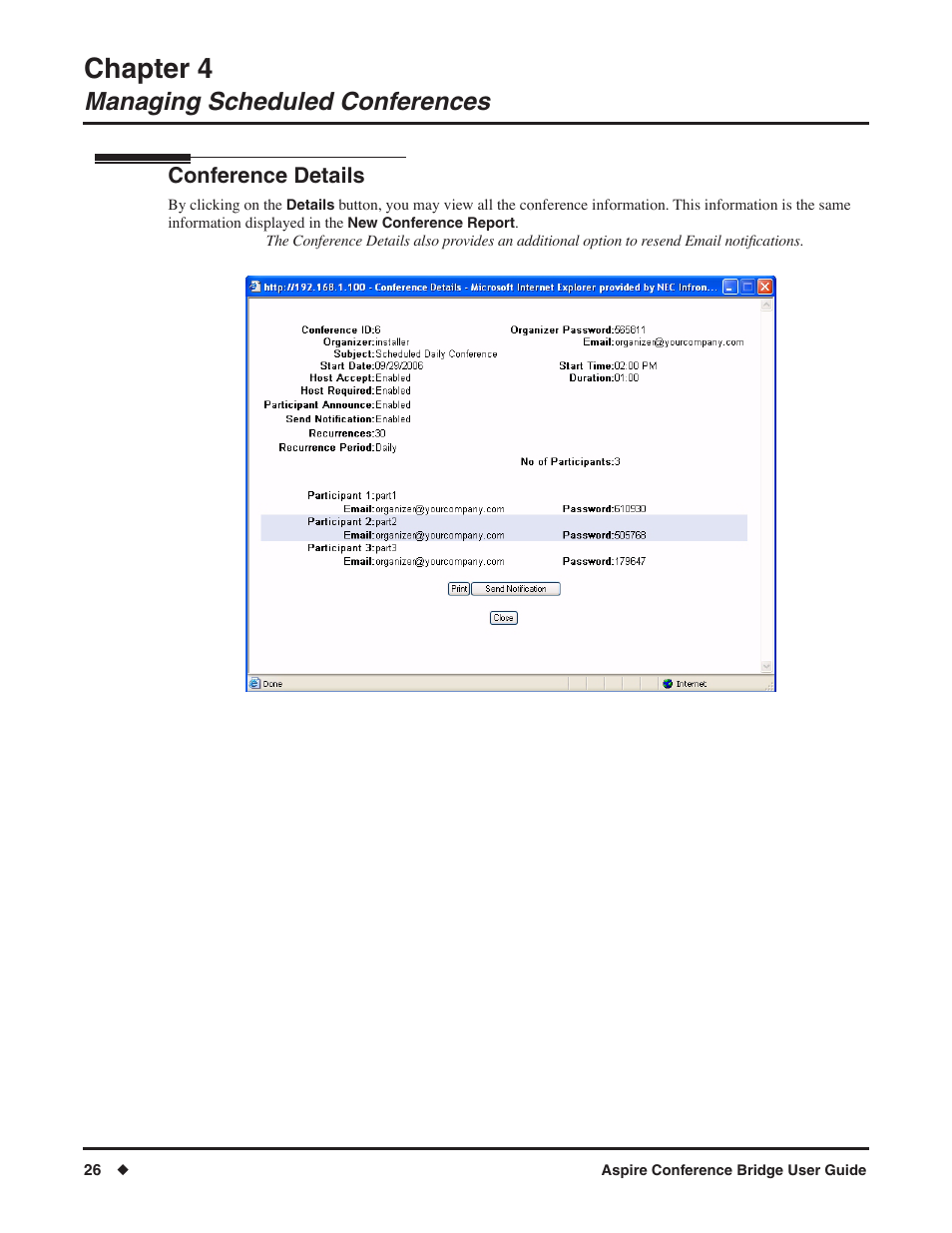 Chapter 4, Managing scheduled conferences, Conference details | NEC P/N 0893416 User Manual | Page 30 / 36