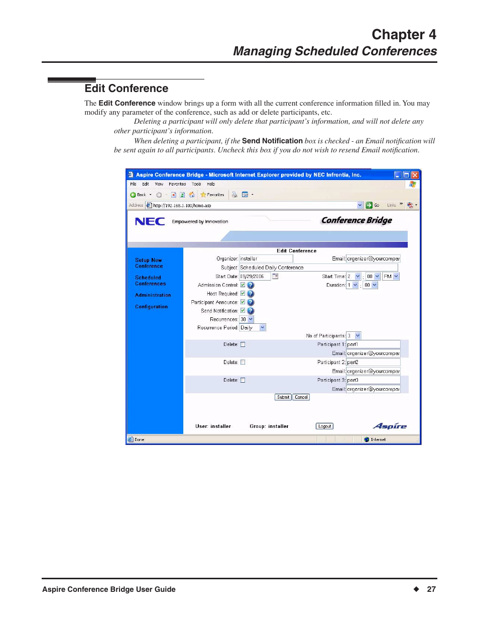 Chapter 4, Managing scheduled conferences, Edit conference | NEC P/N 0893416 User Manual | Page 31 / 36