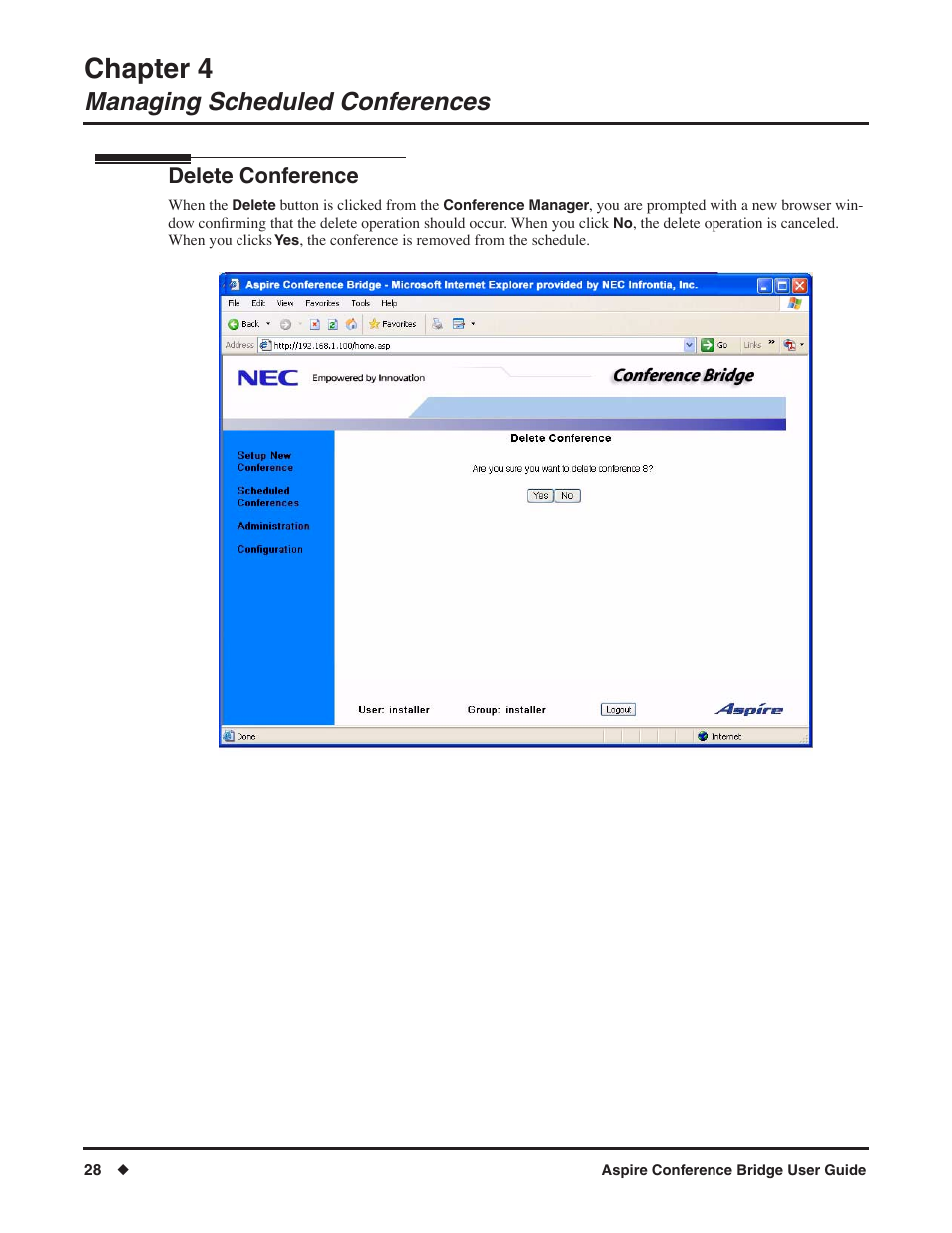 Chapter 4, Managing scheduled conferences, Delete conference | NEC P/N 0893416 User Manual | Page 32 / 36