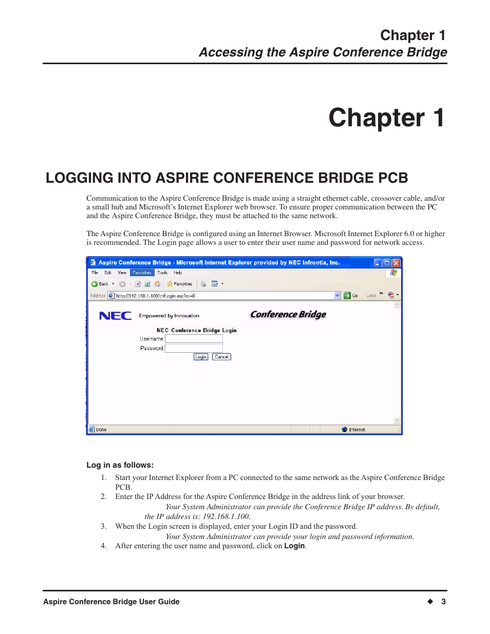 Chapter 1, Logging into aspire conference bridge pcb, Accessing the aspire conference bridge | NEC P/N 0893416 User Manual | Page 7 / 36