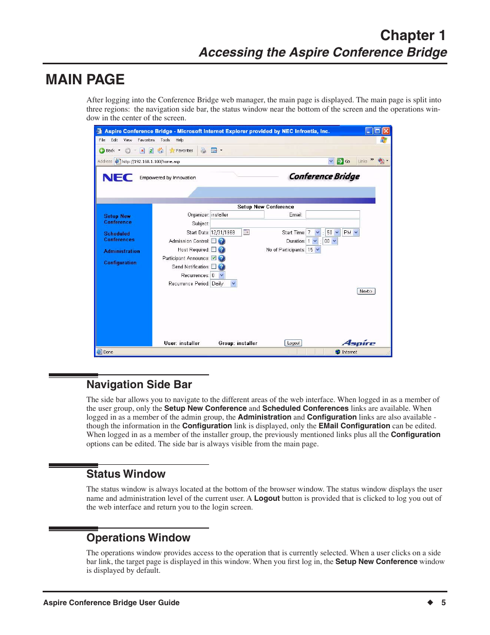 Chapter 1, Main page, Accessing the aspire conference bridge | Navigation side bar, Status window, Operations window | NEC P/N 0893416 User Manual | Page 9 / 36