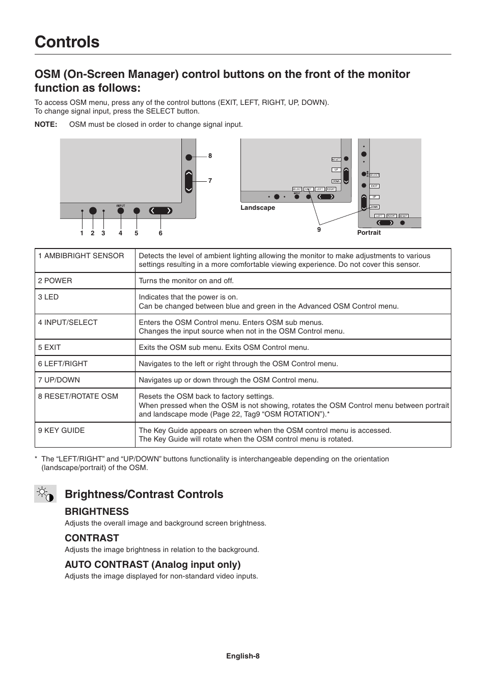 Controls, Brightness/contrast controls, Brightness | Contrast, Auto contrast (analog input only) | NEC LCD2090UXi User Manual | Page 10 / 29