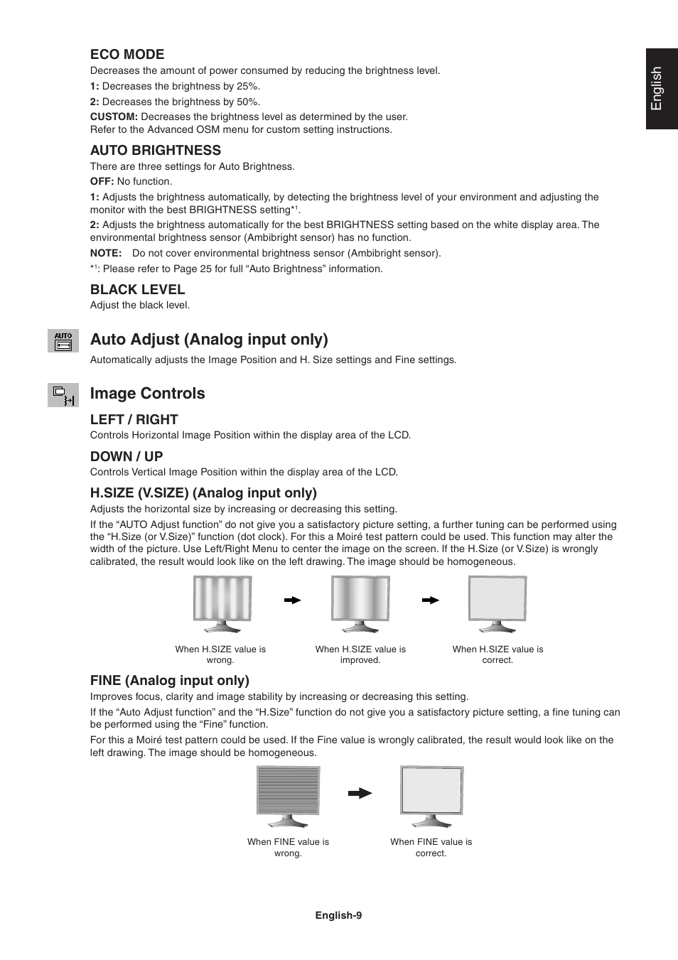 Auto adjust (analog input only), Image controls, English | Eco mode, Auto brightness, Black level, Left / right, Down / up, H.size (v.size) (analog input only), Fine (analog input only) | NEC LCD2090UXi User Manual | Page 11 / 29