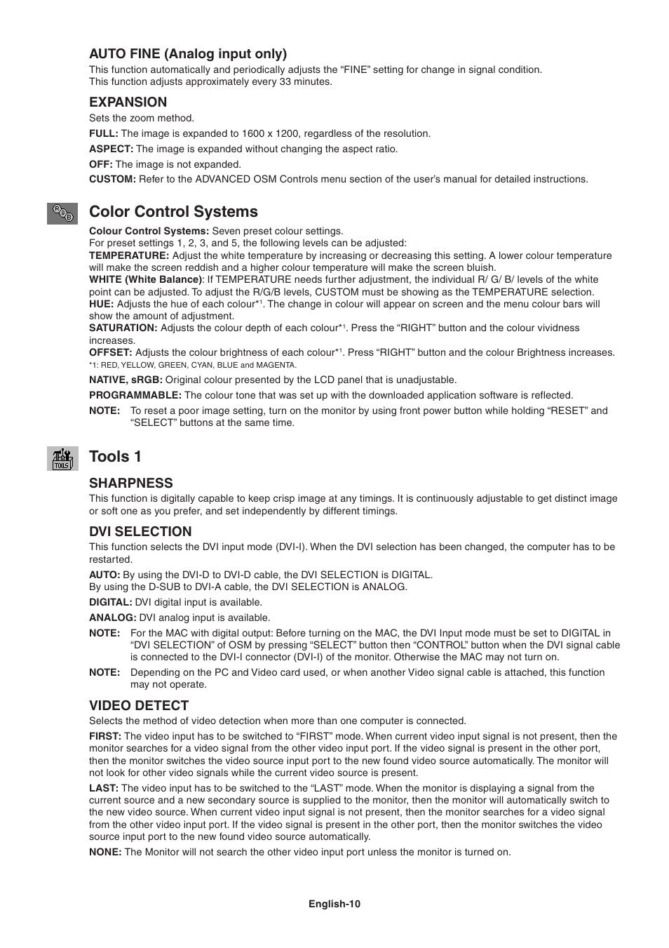 Color control systems, Tools 1, Auto fine (analog input only) | Expansion, Sharpness, Dvi selection, Video detect | NEC LCD2090UXi User Manual | Page 12 / 29