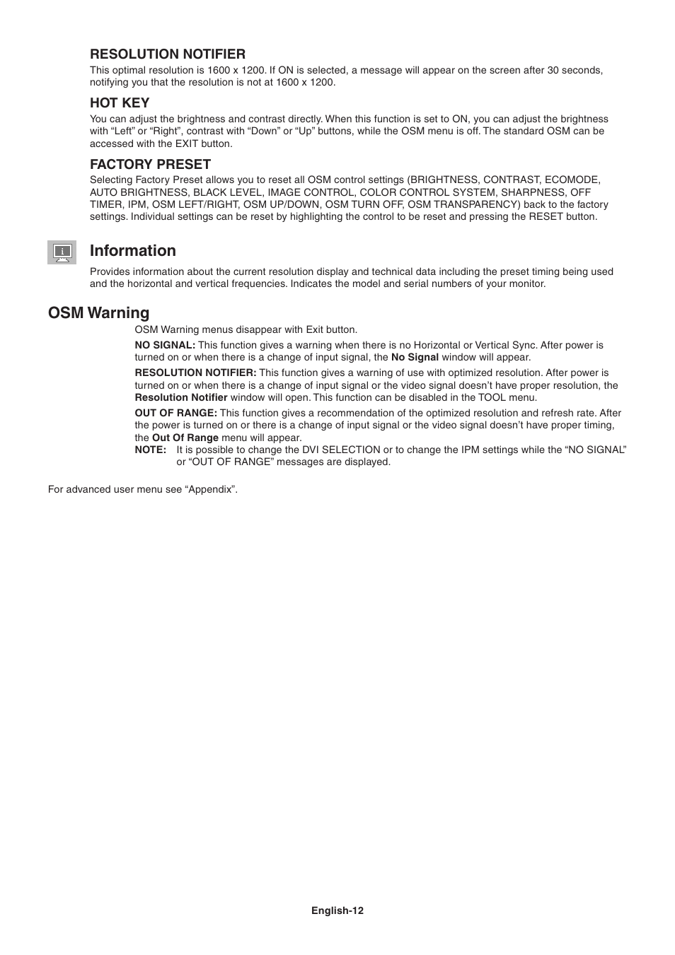 Information, Osm warning | NEC LCD2090UXi User Manual | Page 14 / 29