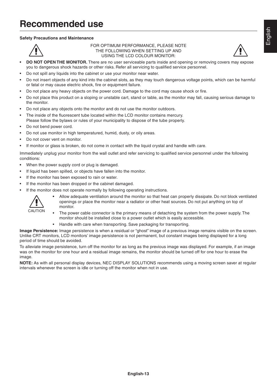 Recommended use, English | NEC LCD2090UXi User Manual | Page 15 / 29
