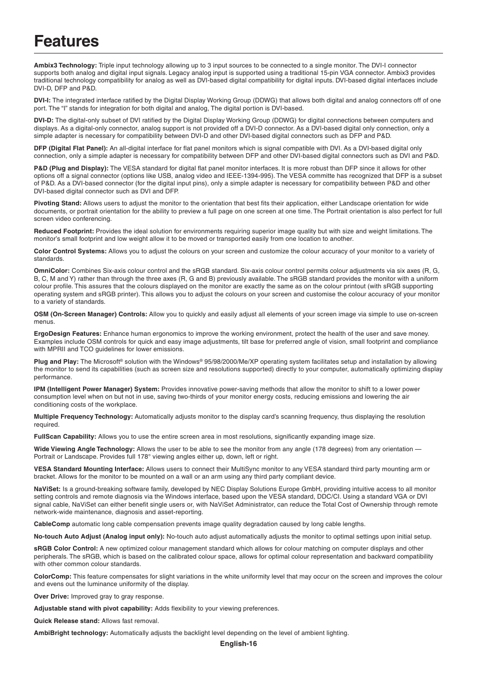 Features | NEC LCD2090UXi User Manual | Page 18 / 29