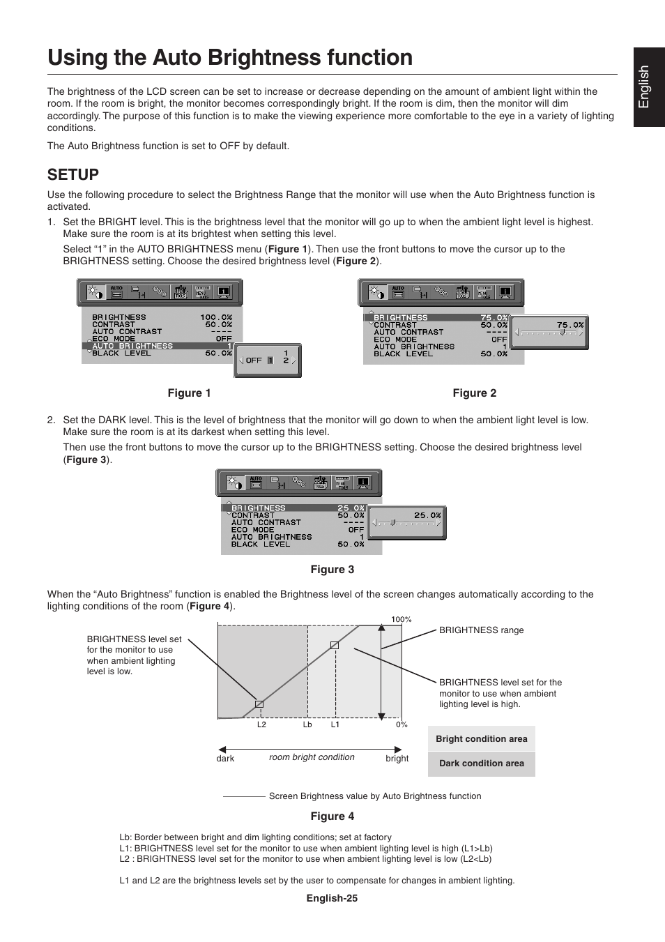 Using the auto brightness function, Setup, English | NEC LCD2090UXi User Manual | Page 27 / 29