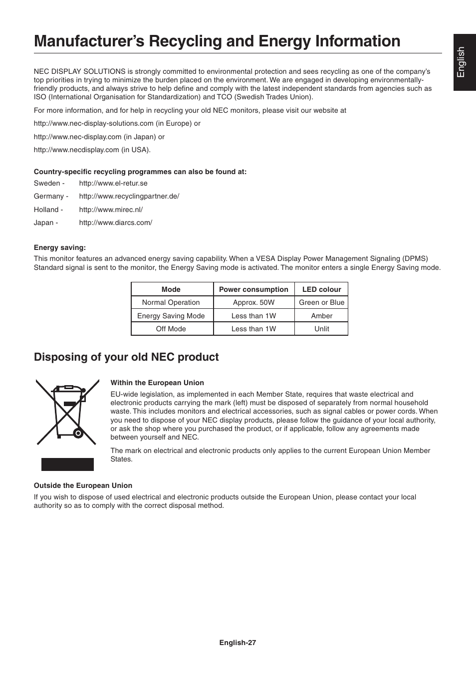 Manufacturer’s recycling and energy information, Disposing of your old nec product, English | NEC LCD2090UXi User Manual | Page 29 / 29