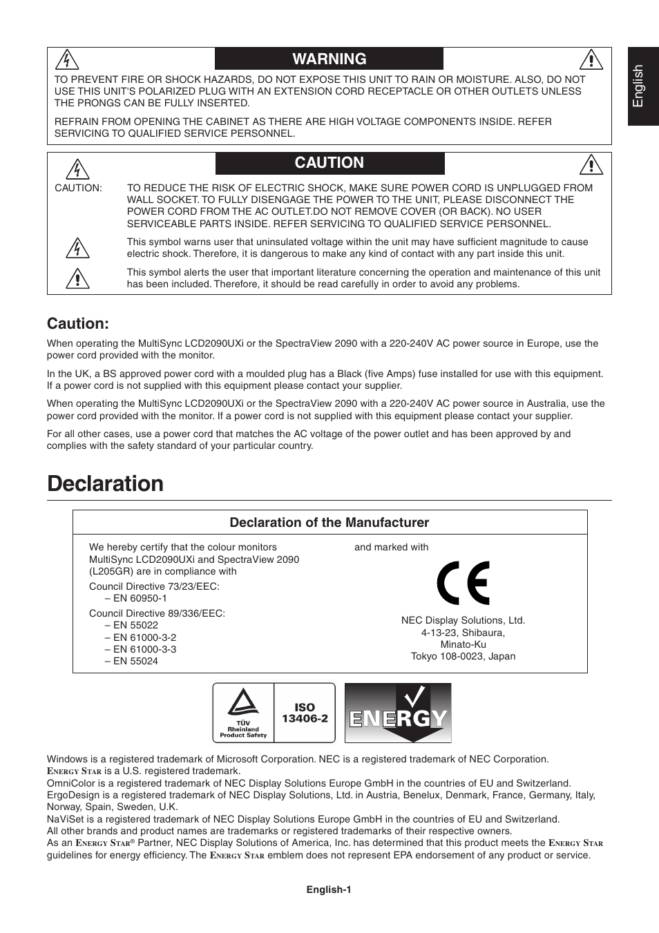 Warning, Caution, Declaration | Warning caution, English, Declaration of the manufacturer | NEC LCD2090UXi User Manual | Page 3 / 29
