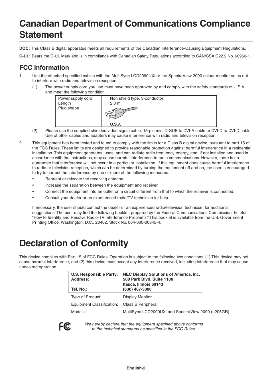 Declaration of conformity, Fcc information | NEC LCD2090UXi User Manual | Page 4 / 29