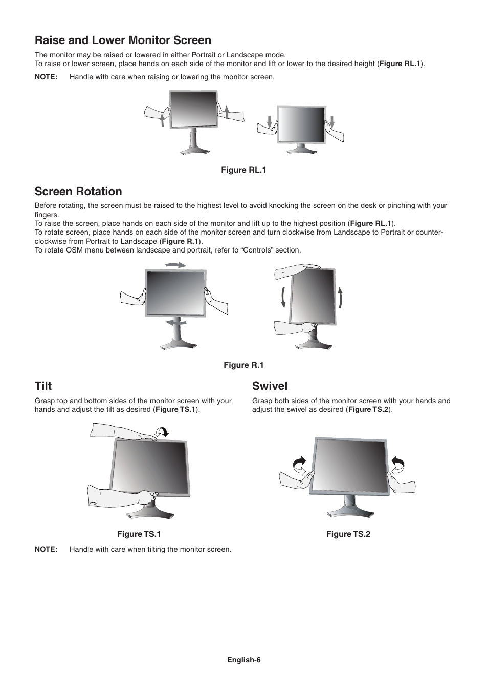 Tilt, Swivel, Screen rotation | Raise and lower monitor screen | NEC LCD2090UXi User Manual | Page 8 / 29