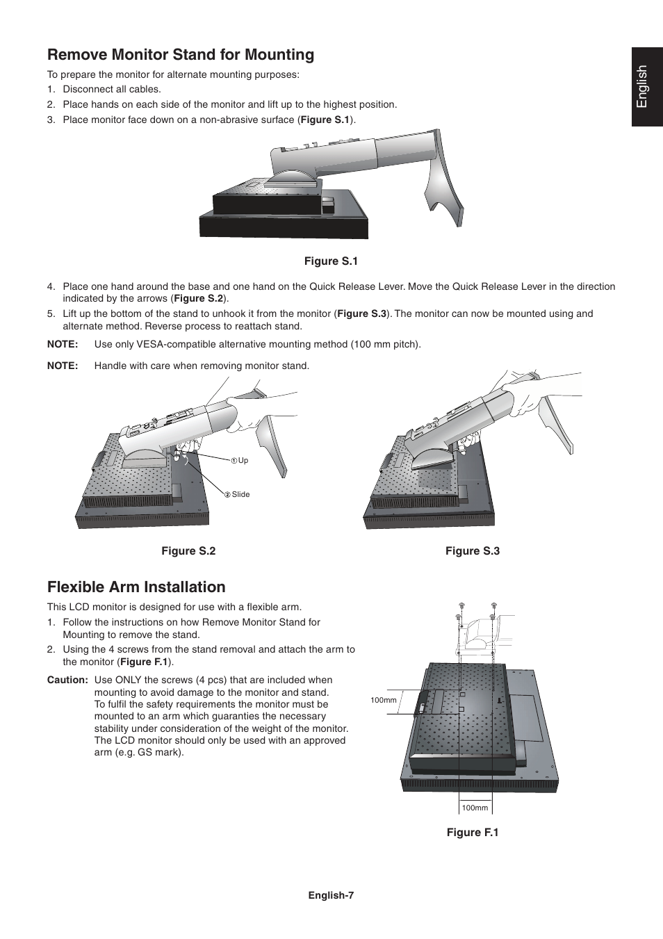 Flexible arm installation, Remove monitor stand for mounting, English | NEC LCD2090UXi User Manual | Page 9 / 29