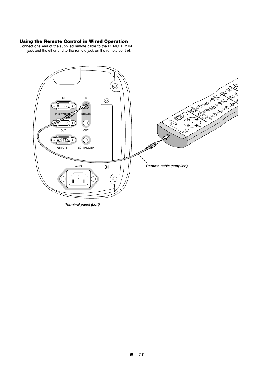 E – 11 using the remote control in wired operation, Remote cable (supplied) | NEC GT1150 User Manual | Page 19 / 79