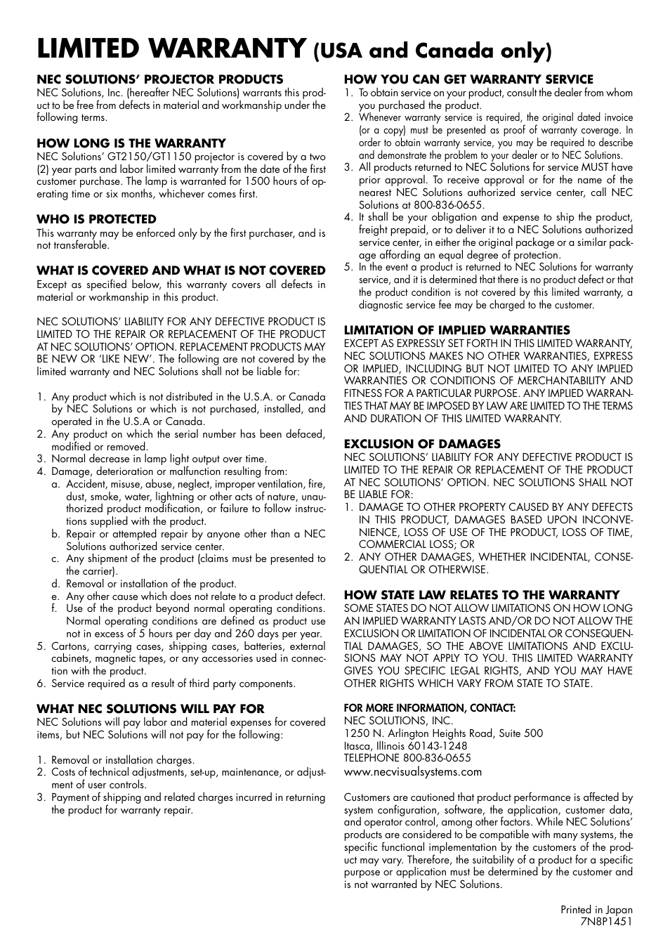 Limited warranty, Usa and canada only) | NEC GT1150 User Manual | Page 2 / 79
