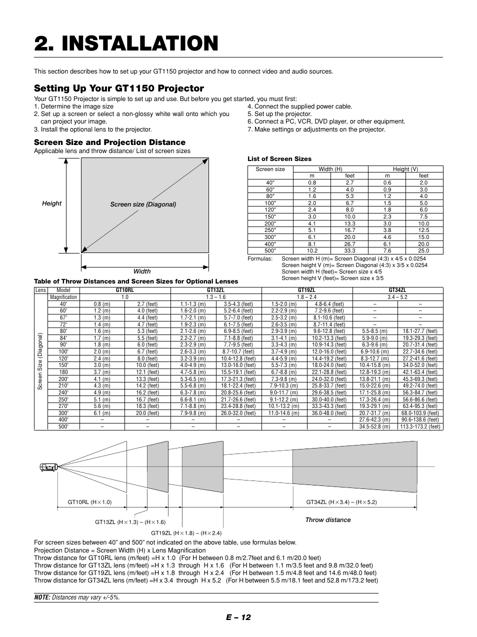 Installation, Setting up your gt1150 projector, E – 12 | Screen size and projection distance | NEC GT1150 User Manual | Page 20 / 79