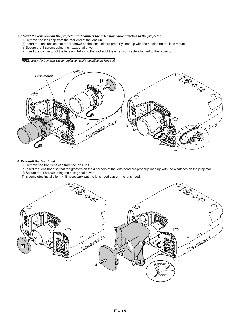 E – 15, Ca nc el, Reinstall the lens hood | Groove catch, Lens mount | NEC GT1150 User Manual | Page 23 / 79