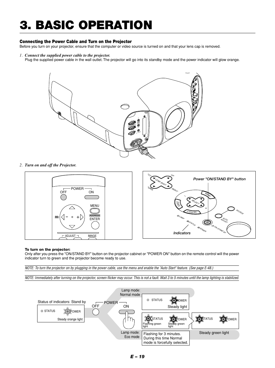 Basic operation, E – 19, Connect the supplied power cable to the projector | Turn on and off the projector, Power "on/stand by" button indicators, Status of indicators: stand by, Off on power, On power menu enter, Steady orange light, Adjust image | NEC GT1150 User Manual | Page 27 / 79