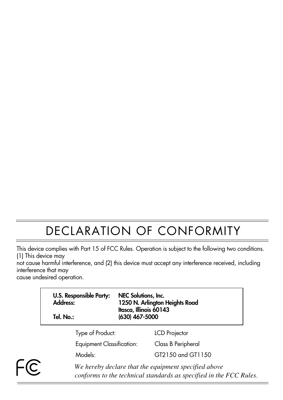 Declaration of conformity | NEC GT1150 User Manual | Page 3 / 79