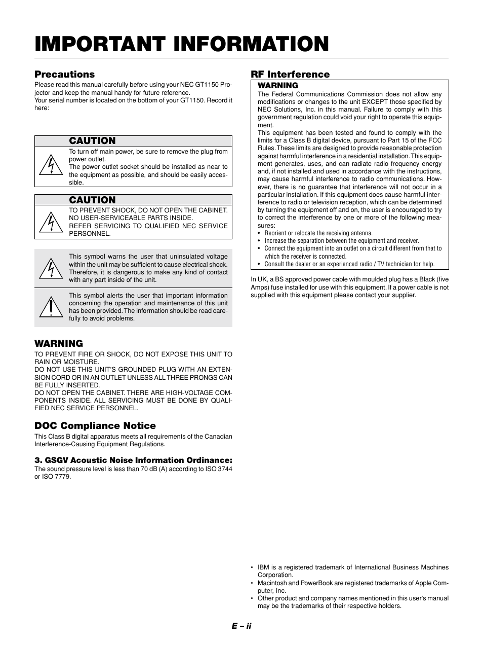 Important information, Precautions, Caution | Warning, Doc compliance notice, Rf interference | NEC GT1150 User Manual | Page 4 / 79