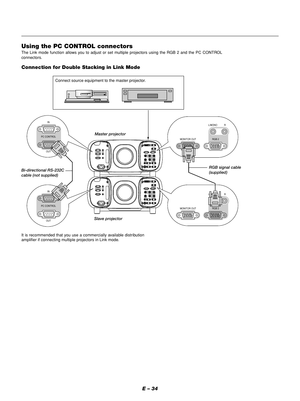 Using the pc control connectors, E – 34, Connection for double stacking in link mode | NEC GT1150 User Manual | Page 42 / 79