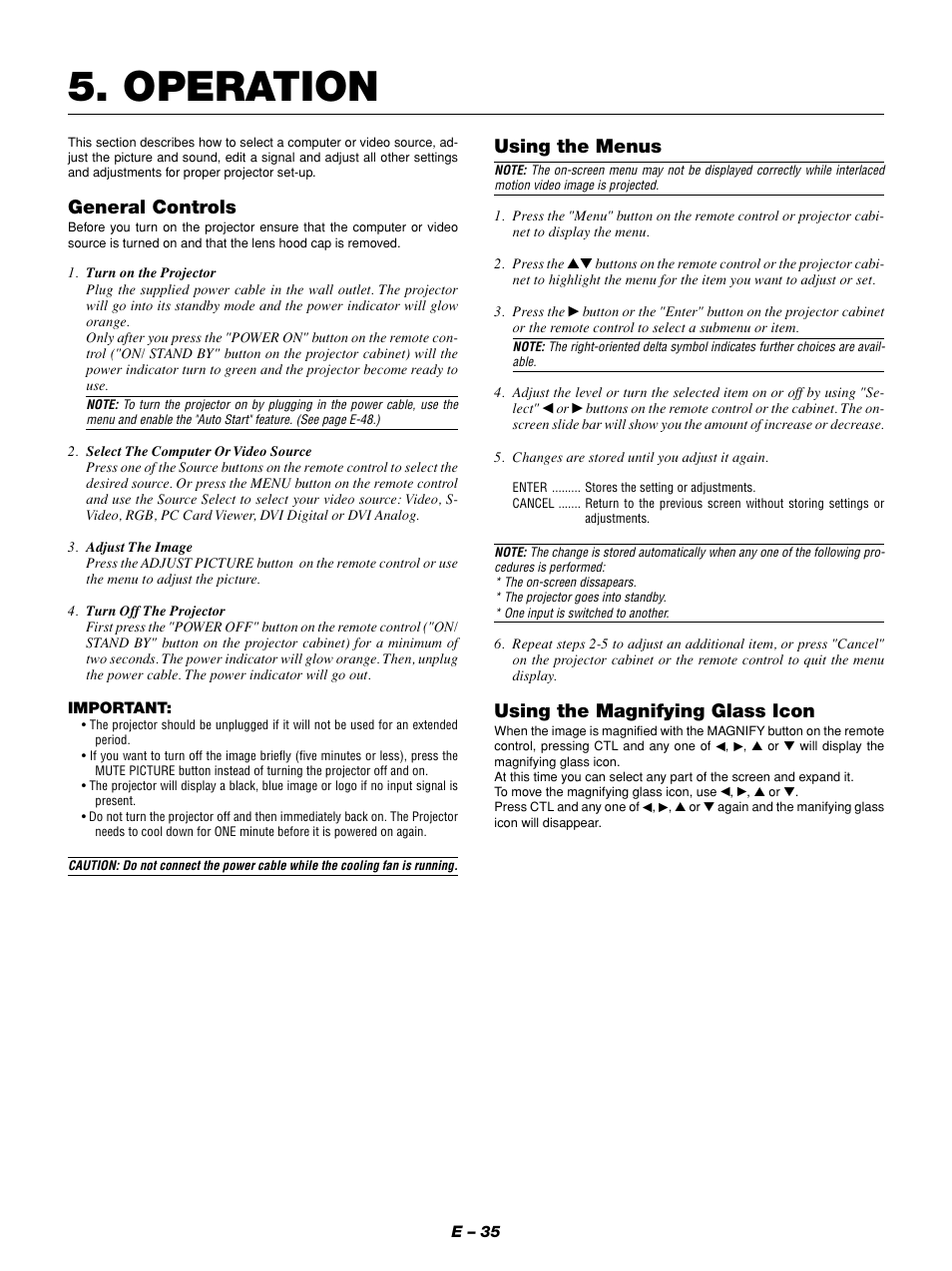 Operation, General controls, Using the menus | Using the magnifying glass icon | NEC GT1150 User Manual | Page 43 / 79