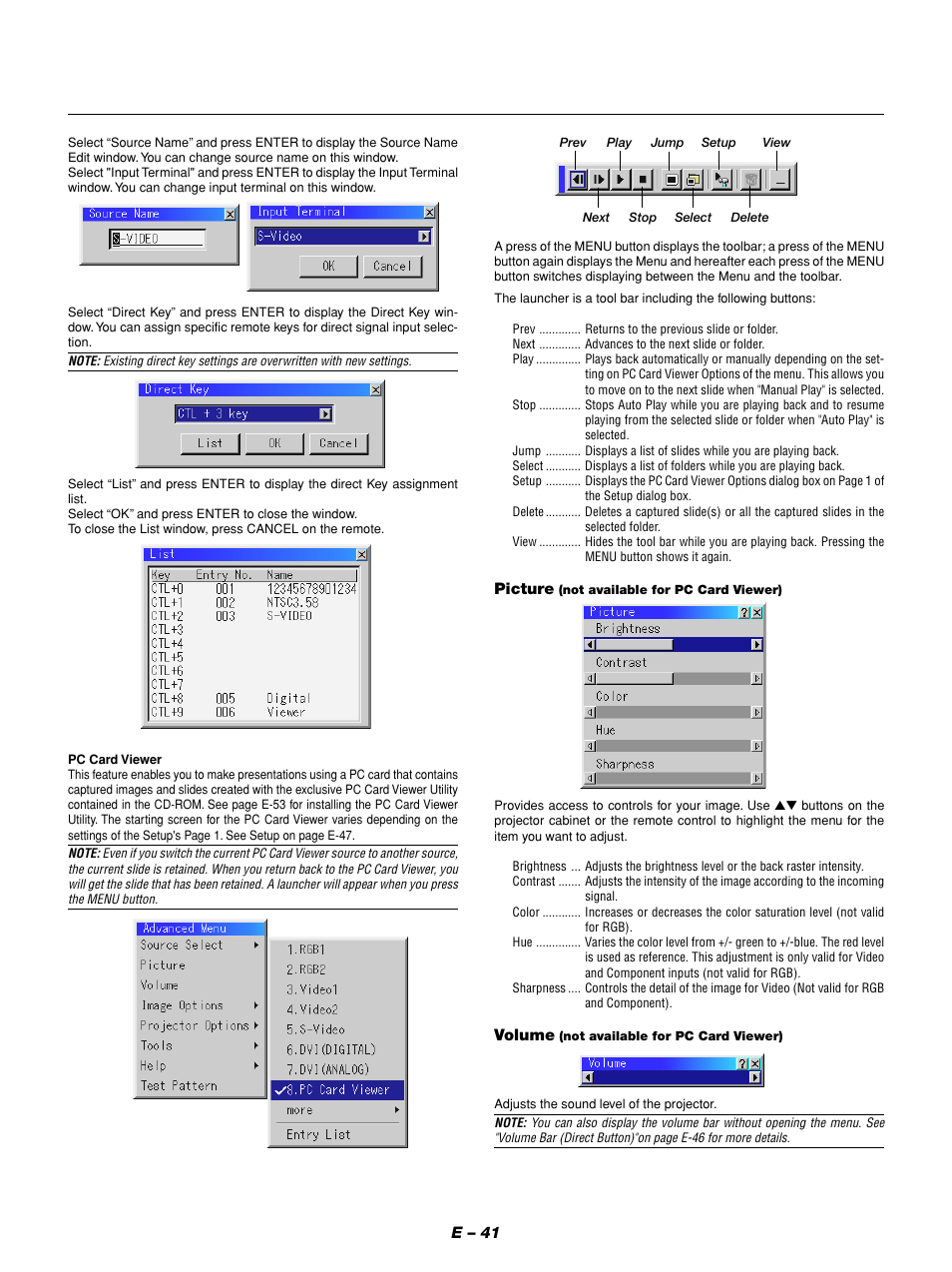 E – 41, Picture, Volume | NEC GT1150 User Manual | Page 49 / 79