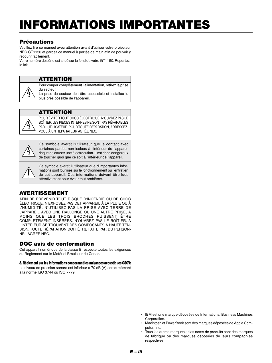 Informations importantes, Précautions, Attention | Avertissement, Doc avis de conformation | NEC GT1150 User Manual | Page 5 / 79