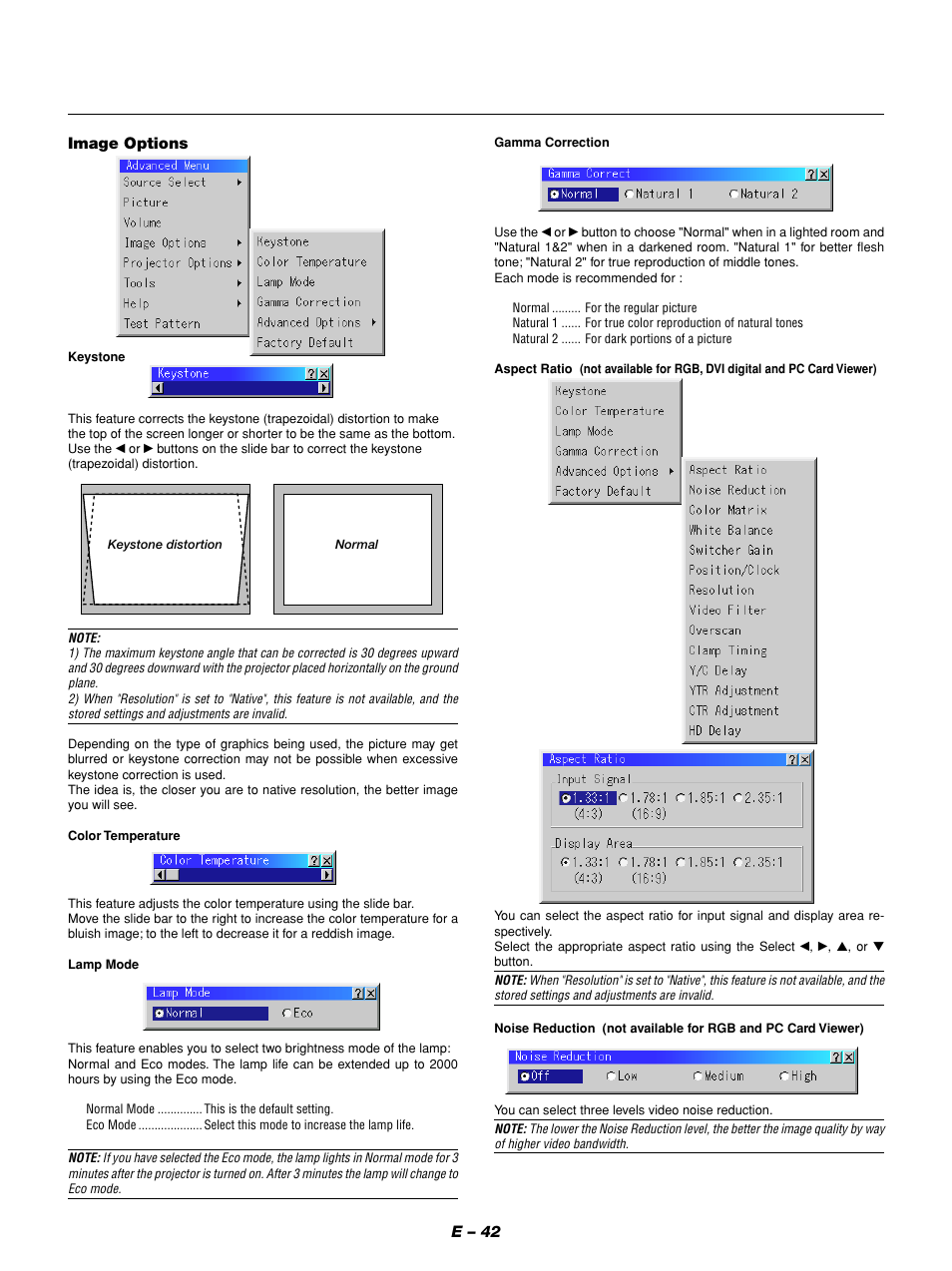 E – 42, Image options | NEC GT1150 User Manual | Page 50 / 79