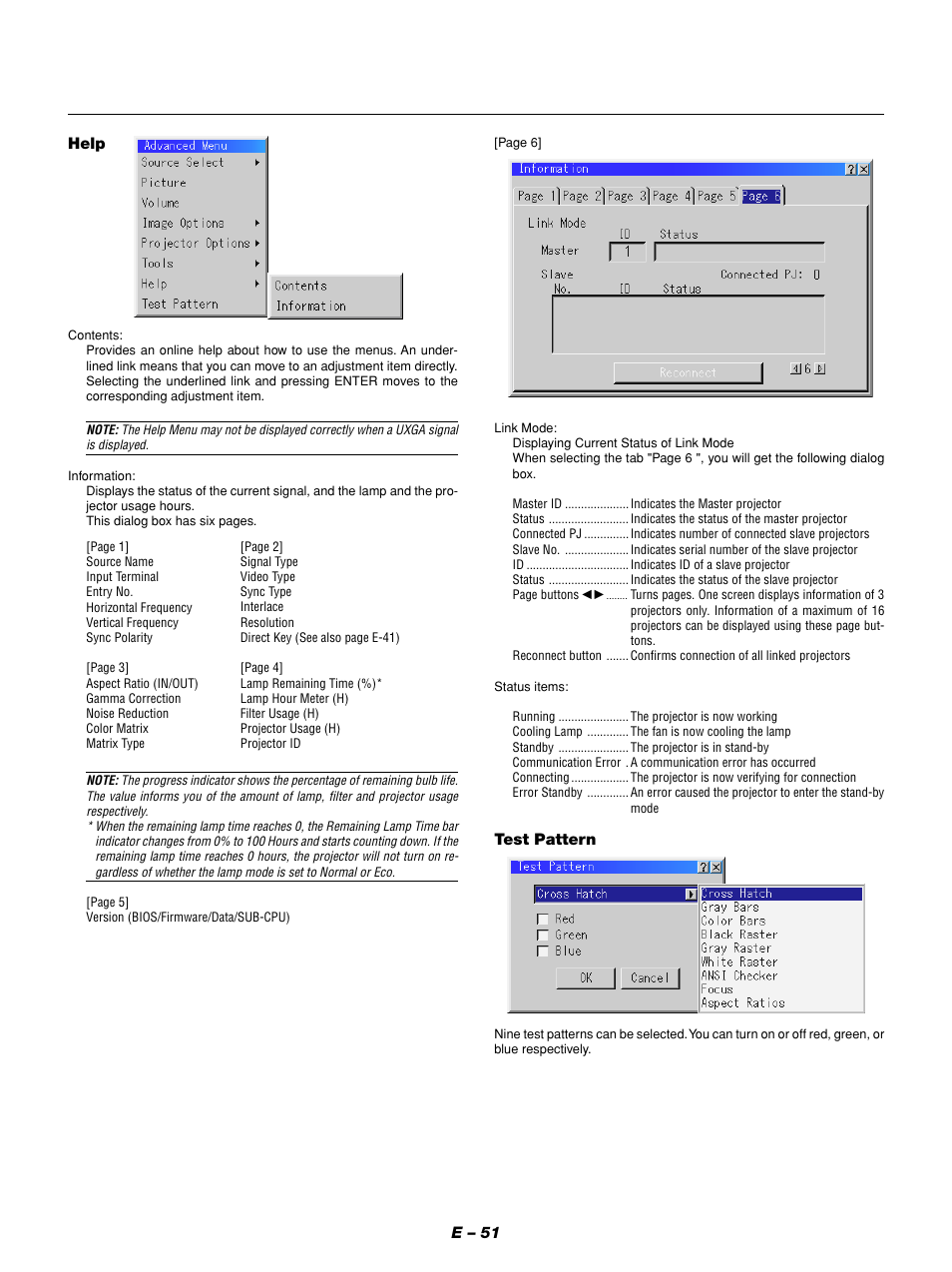 E – 51 help, Test pattern | NEC GT1150 User Manual | Page 59 / 79