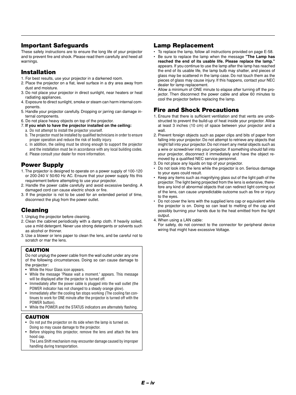 Important safeguards, Installation, Power supply | Cleaning, Lamp replacement, Fire and shock precautions | NEC GT1150 User Manual | Page 6 / 79