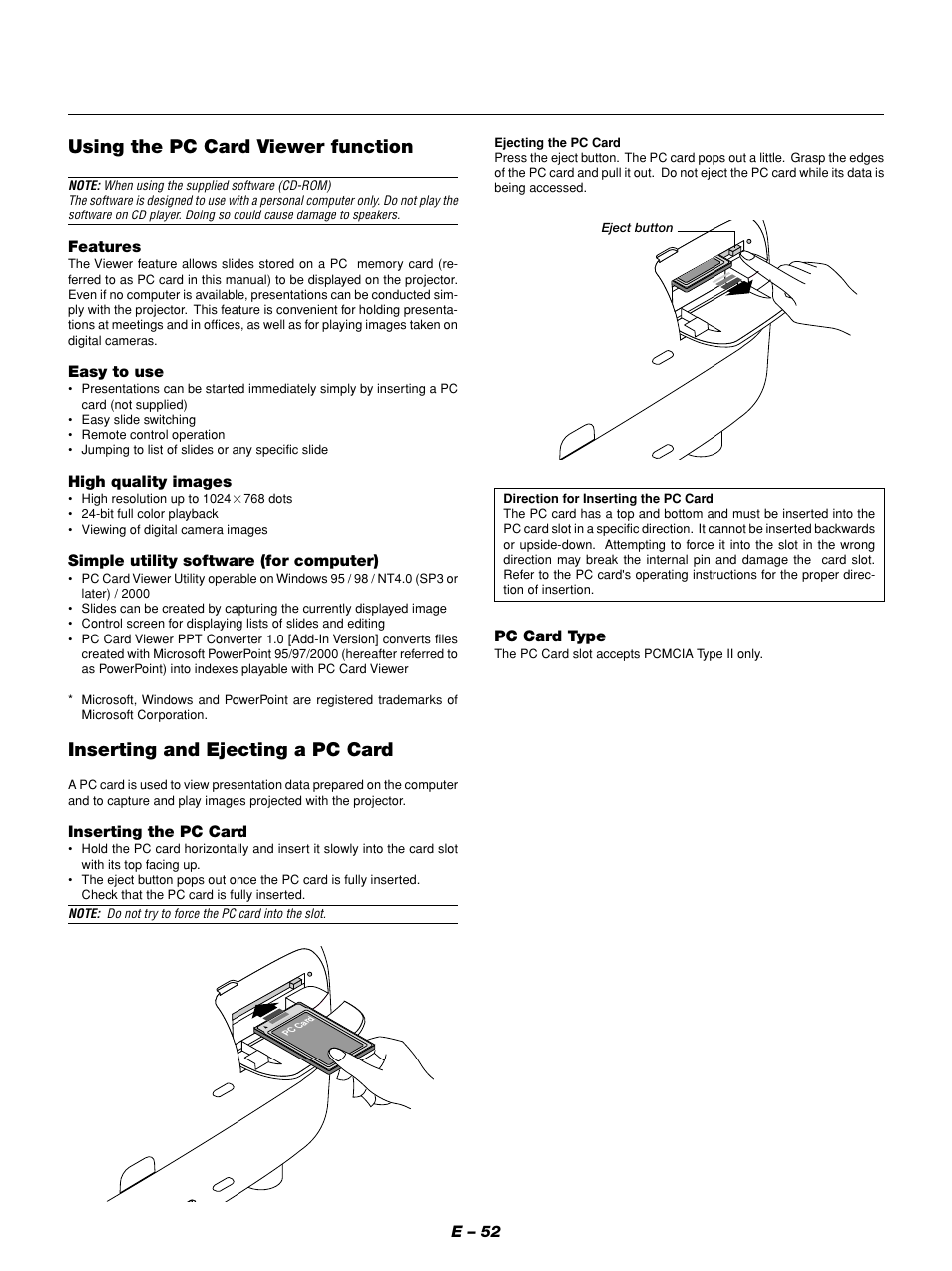 Using the pc card viewer function, Inserting and ejecting a pc card | NEC GT1150 User Manual | Page 60 / 79