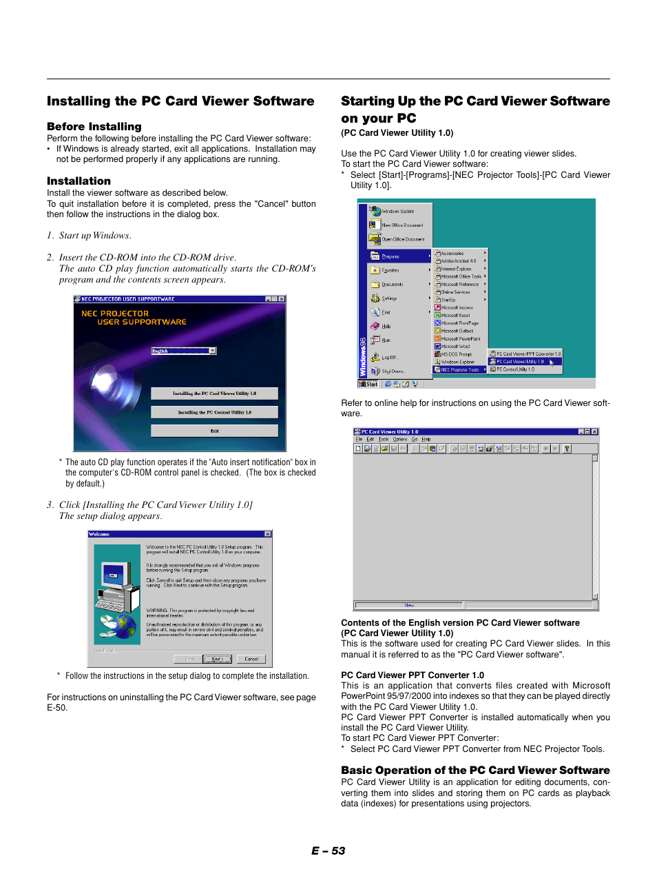 Installing the pc card viewer software, Starting up the pc card viewer software on your pc | NEC GT1150 User Manual | Page 61 / 79