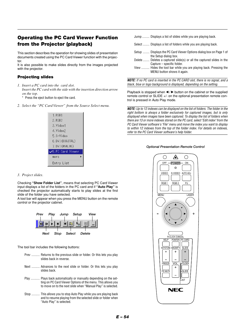 E – 54, Projecting slides | NEC GT1150 User Manual | Page 62 / 79
