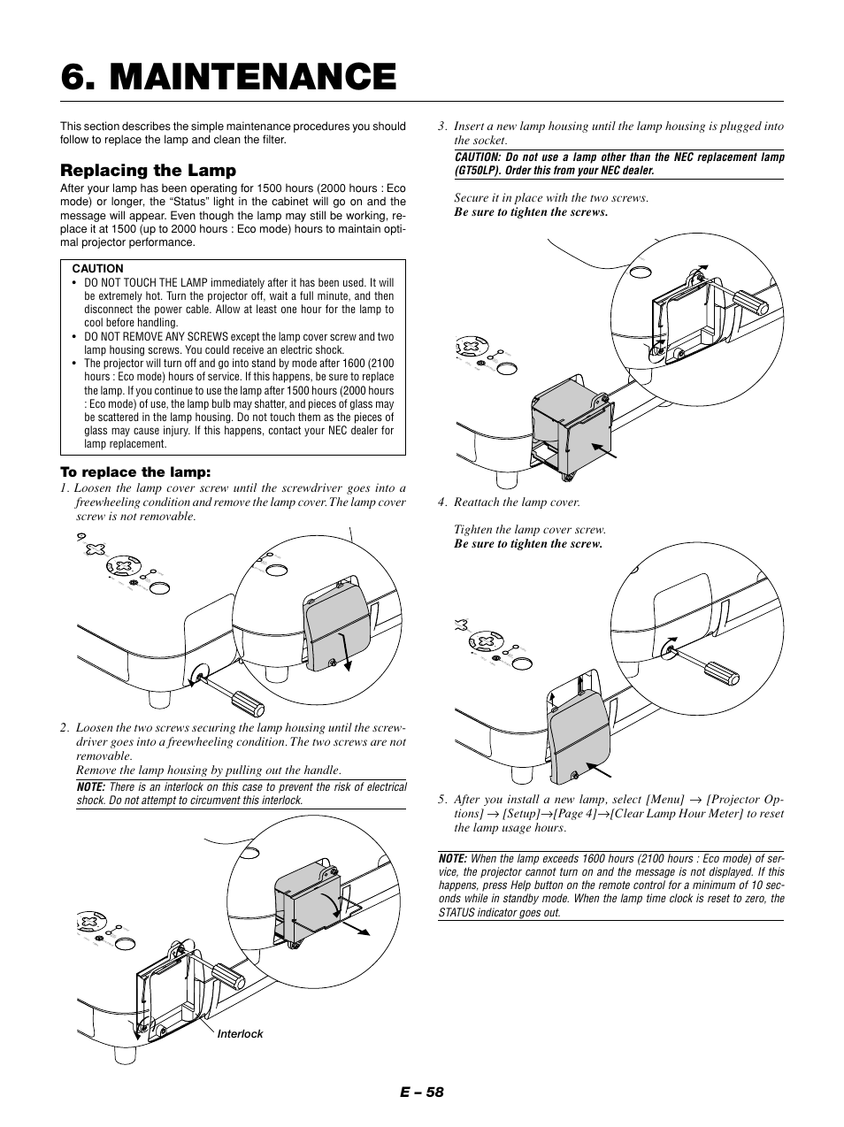 Maintenance, Replacing the lamp, E – 58 | Cancel | NEC GT1150 User Manual | Page 66 / 79
