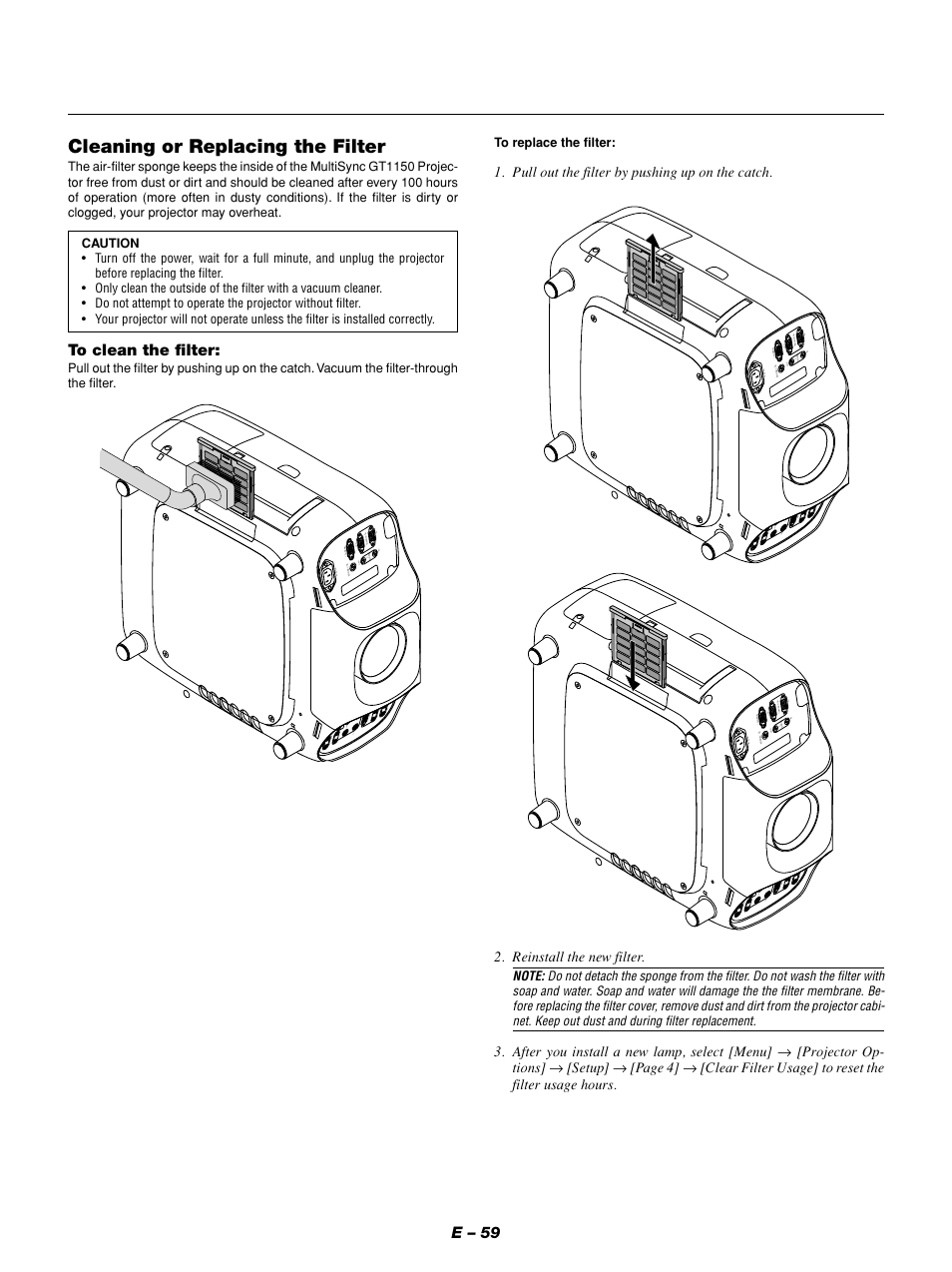 Cleaning or replacing the filter, E – 59, Reinstall the new filter | NEC GT1150 User Manual | Page 67 / 79
