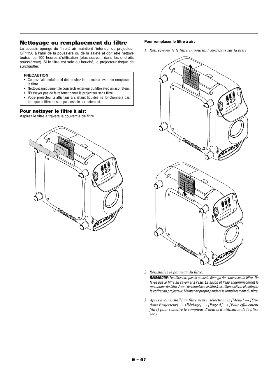 Nettoyage ou remplacement du filtre, E – 61, Pour nettoyer le filtre à air | NEC GT1150 User Manual | Page 69 / 79