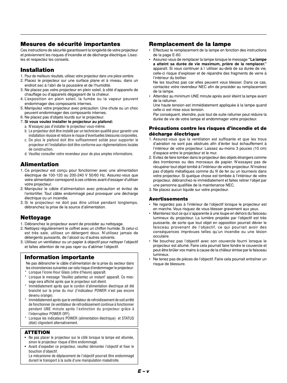 Mesures de sécurité importantes, Installation, Alimentation | Nettoyage, Information importante, Remplacement de la lampe | NEC GT1150 User Manual | Page 7 / 79