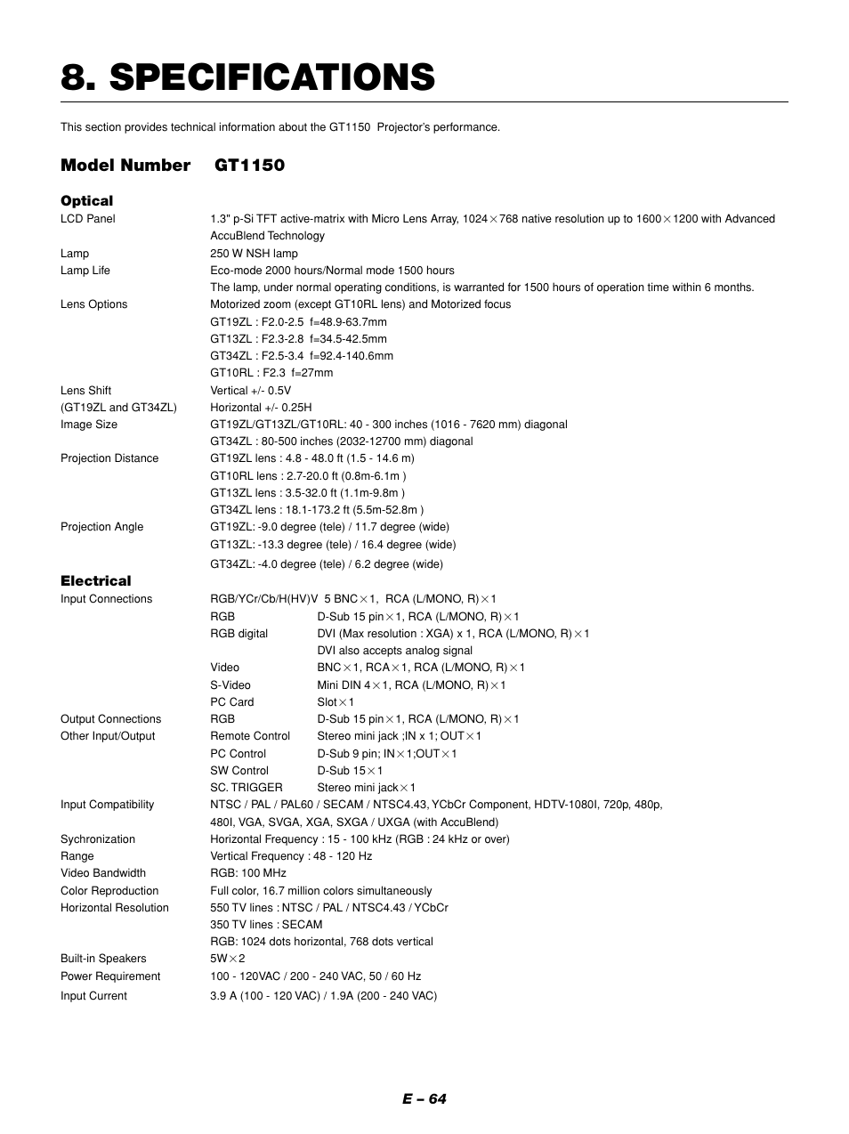 Specifications, Model number gt1150 | NEC GT1150 User Manual | Page 72 / 79