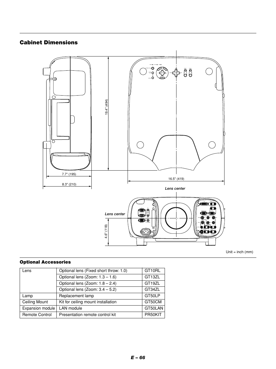 Cabinet dimensions, E – 66, Optional accessories | Unit = inch (mm), Lens center | NEC GT1150 User Manual | Page 74 / 79