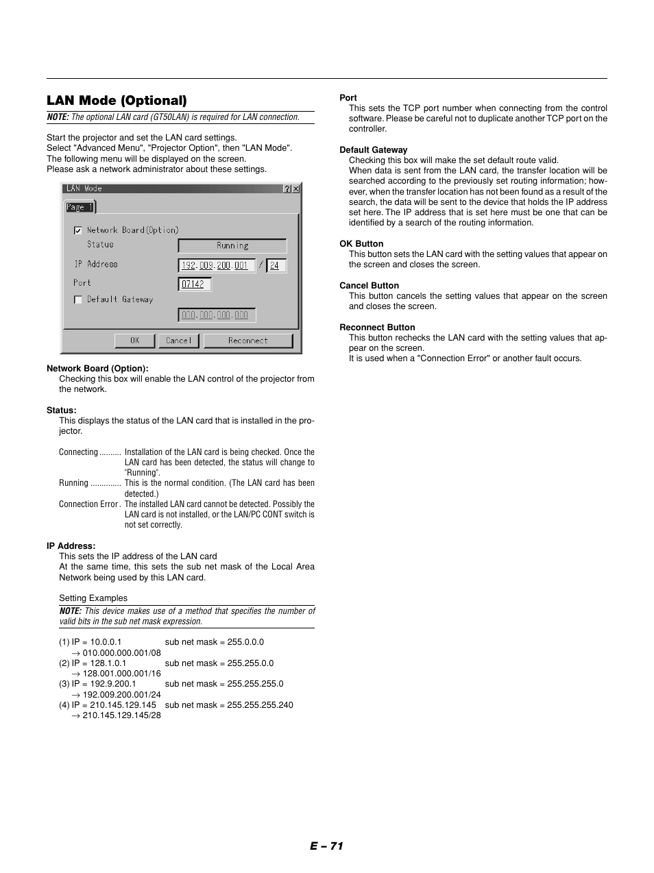 Lan mode (optional), E – 71 | NEC GT1150 User Manual | Page 79 / 79
