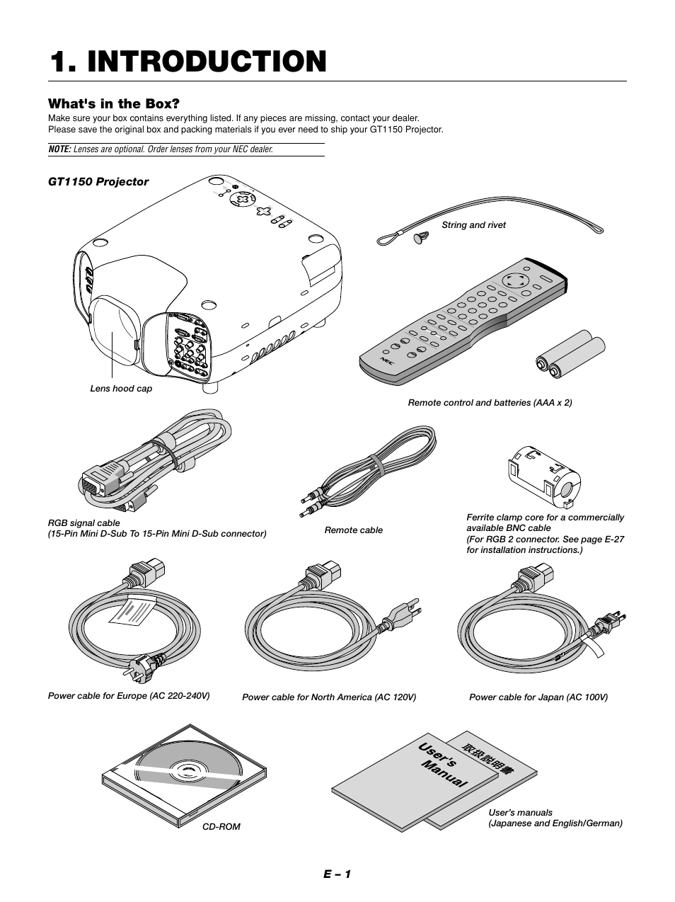 Introduction, What's in the box, E – 1 | Gt1150 projector, Ca nc el | NEC GT1150 User Manual | Page 9 / 79