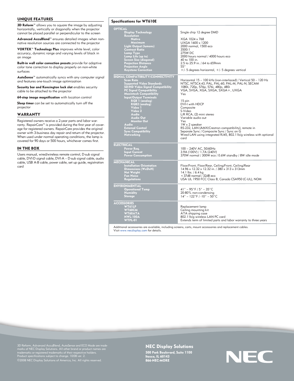 Nec display solutions | NEC WT610E User Manual | Page 2 / 2