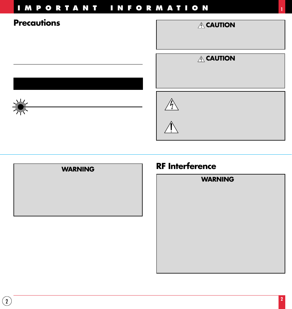 Caution, Precautions, Rf interference | NEC MT830TM /1030TM User Manual | Page 2 / 53