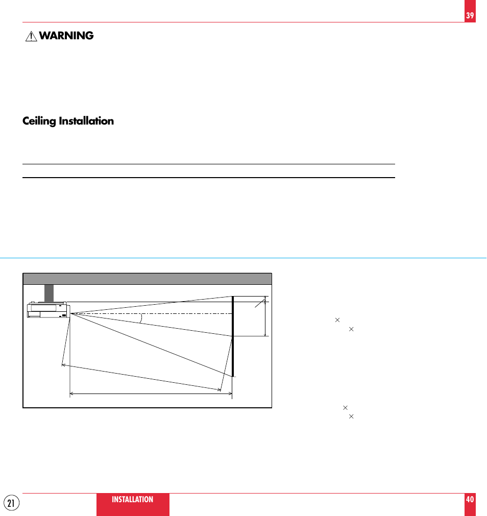 Warning, Ceiling installation | NEC MT830TM /1030TM User Manual | Page 21 / 53